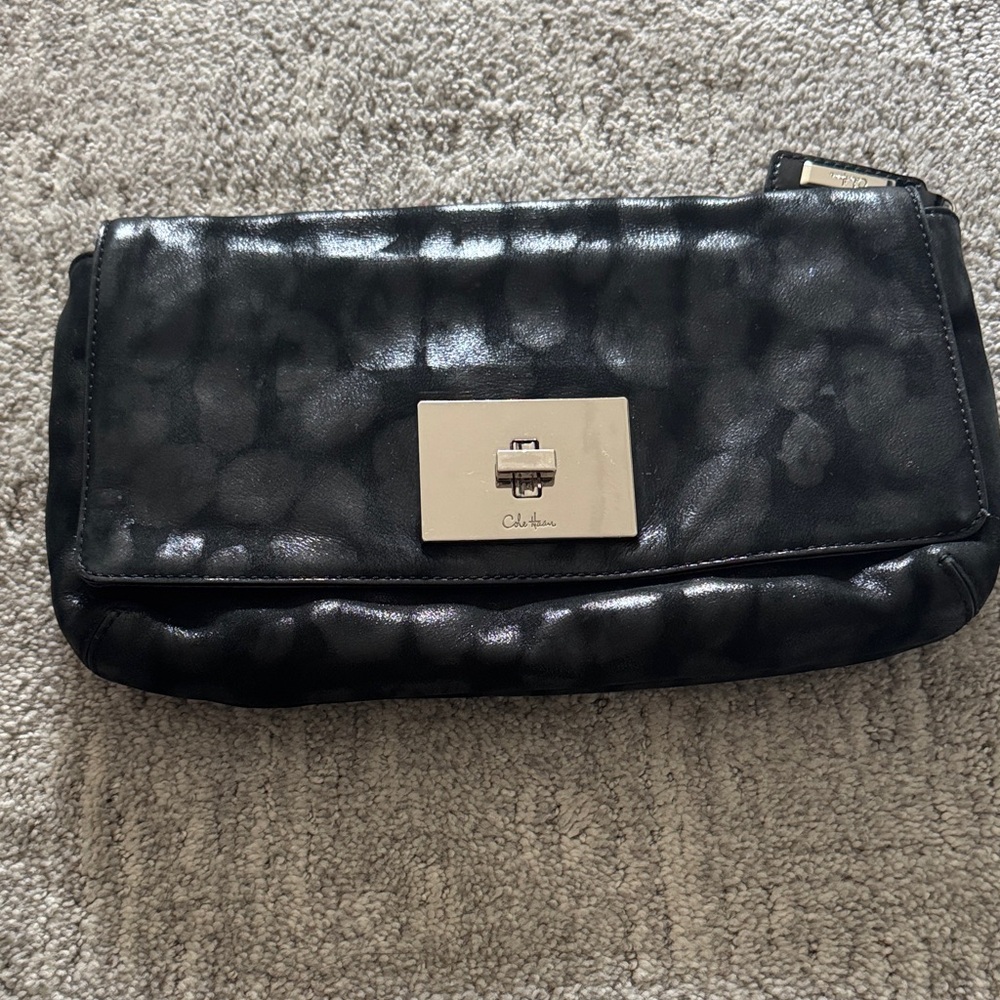 Cole Haan Black Quilted Leather Fold-Over Clutch with Silver Hardware